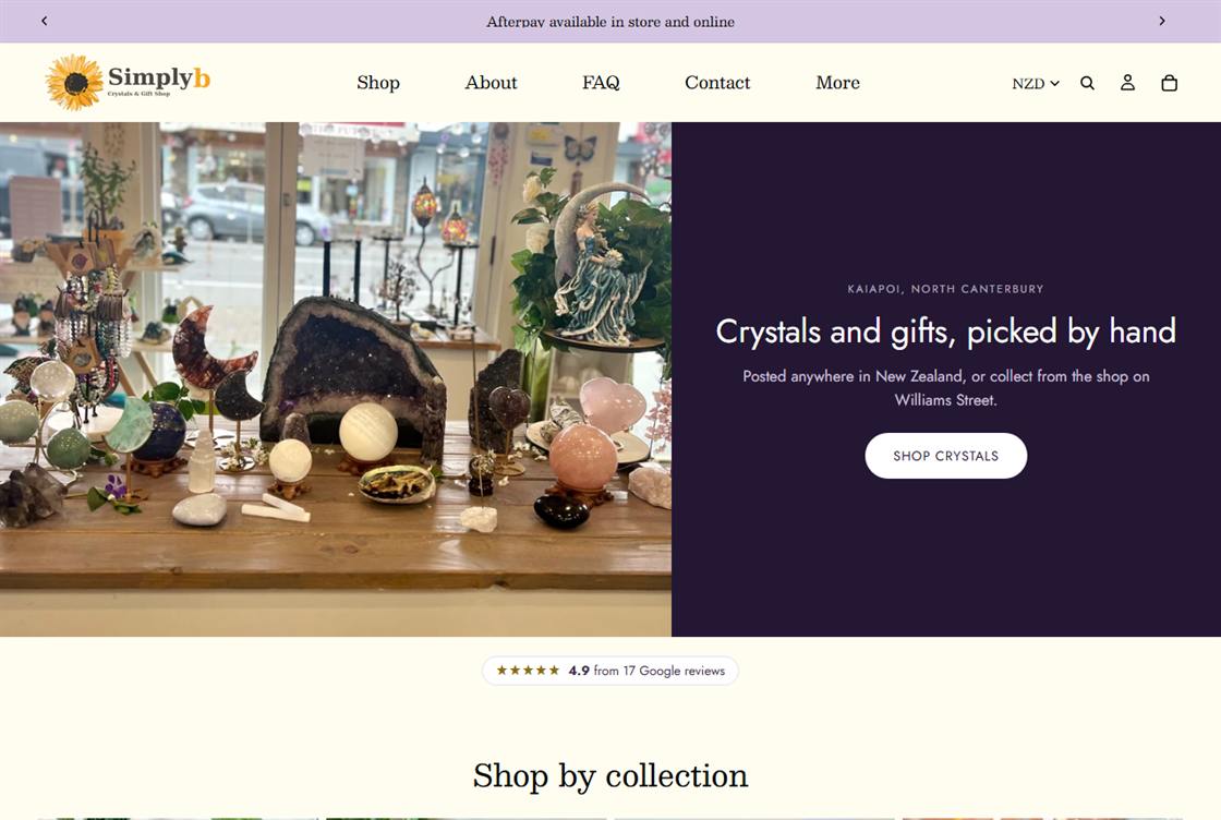 The Simplyb Crystals and Gift Shop homepage: a photograph of a shop-window display of crystals beside the heading "Crystals and gifts, picked by hand", a Shop Crystals button, and a 4.9 from 17 Google reviews badge.